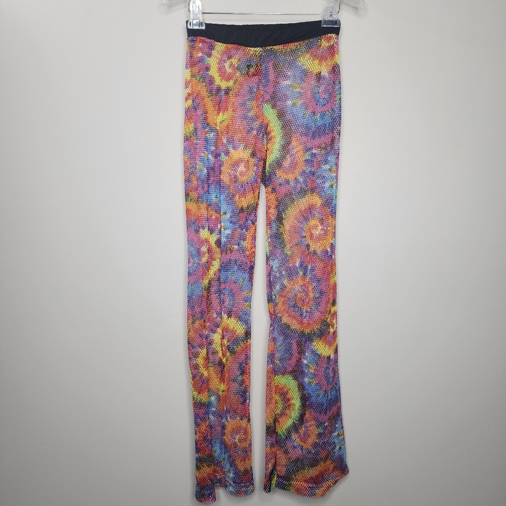 Love Colorful Tie-Dye Patterned Mesh‎ Flare Leggings Cover Up Medium
